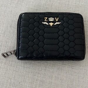 Zadig & Voltaire Black Hexagon Quilted Leather Zippered Wallet w/ZV Logo